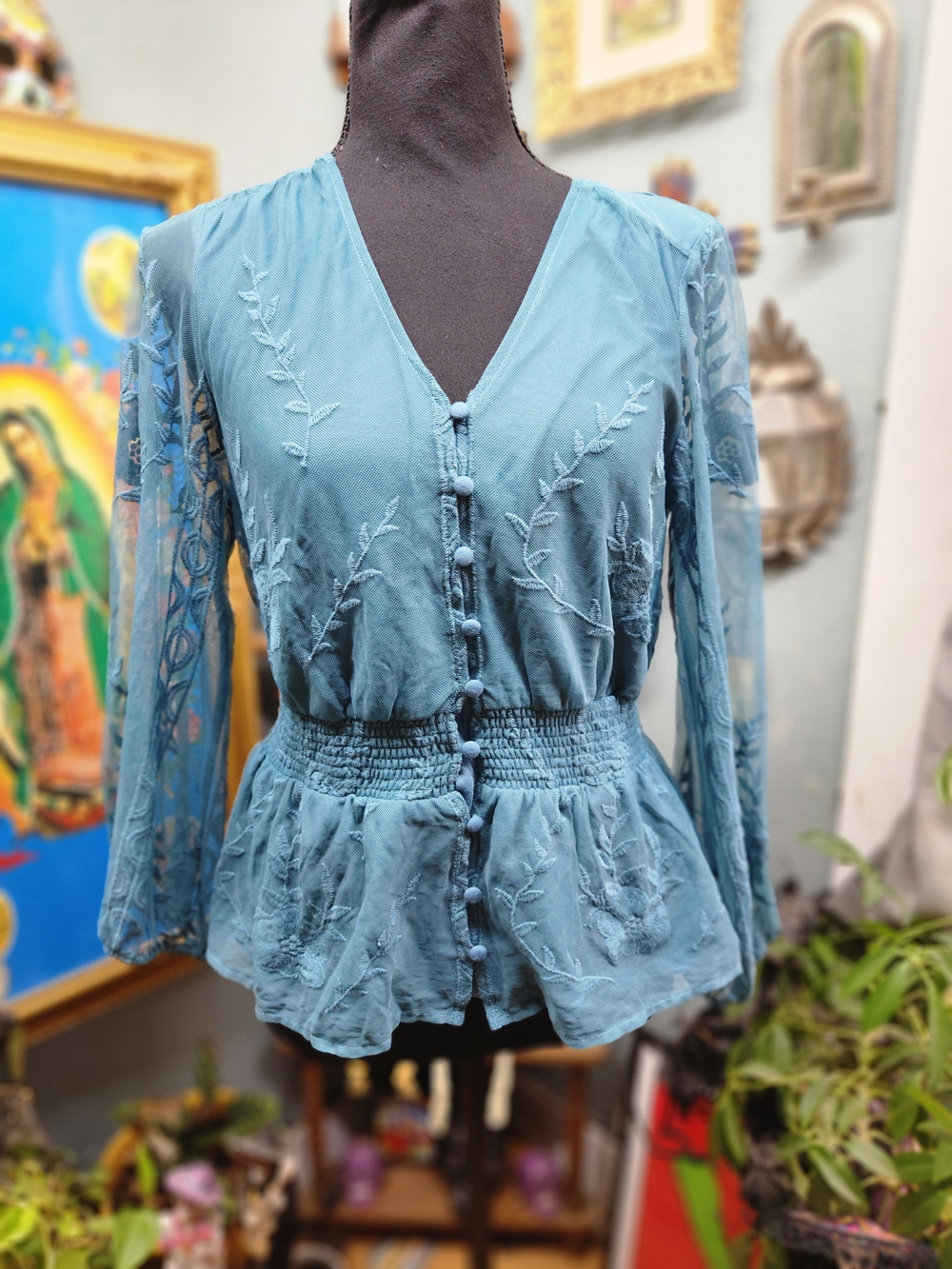 Shyanne Dusty Blue Embroidered Peplum Button Front Blouse